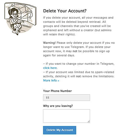 Captura de tela do site para excluir Telegram