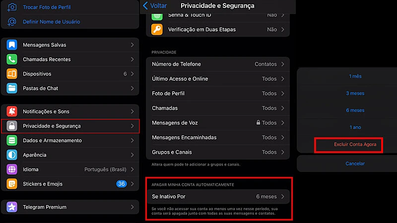 Captura de tela do passo a passo para excluir conta Telegram
