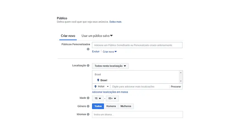 Print screen de segmentação de público no facebook ads