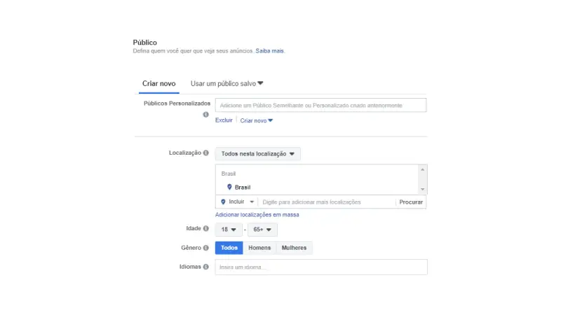 Print screen de segmentação de público no facebook ads