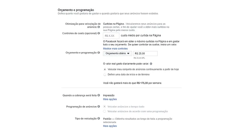Print screen de controle e programação de gastos no Facebook ads