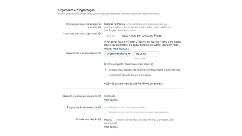 Print screen de controle e programação de gastos no Facebook ads
