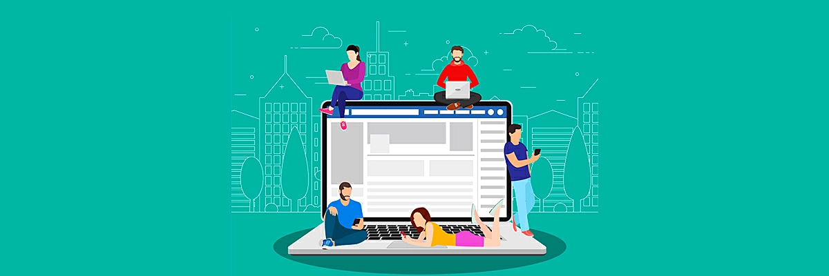Ilustração de um notebook gigante aberto no Facebook e varias pessoas utilizando notebooks