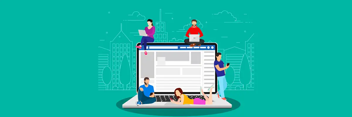 Facebook Business Ilustração de um notebook gigante aberto no Facebook e varias pessoas utilizando notebooks
