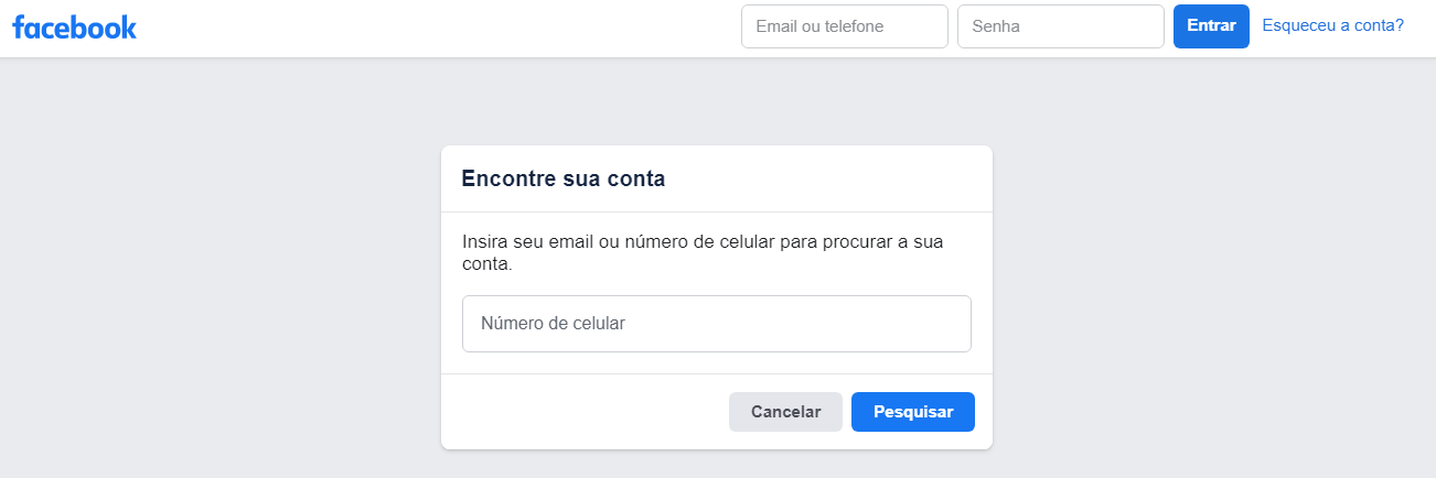 Tela para recuperar conta do Facebook