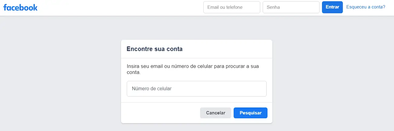 Tela para recuperar conta do Facebook
