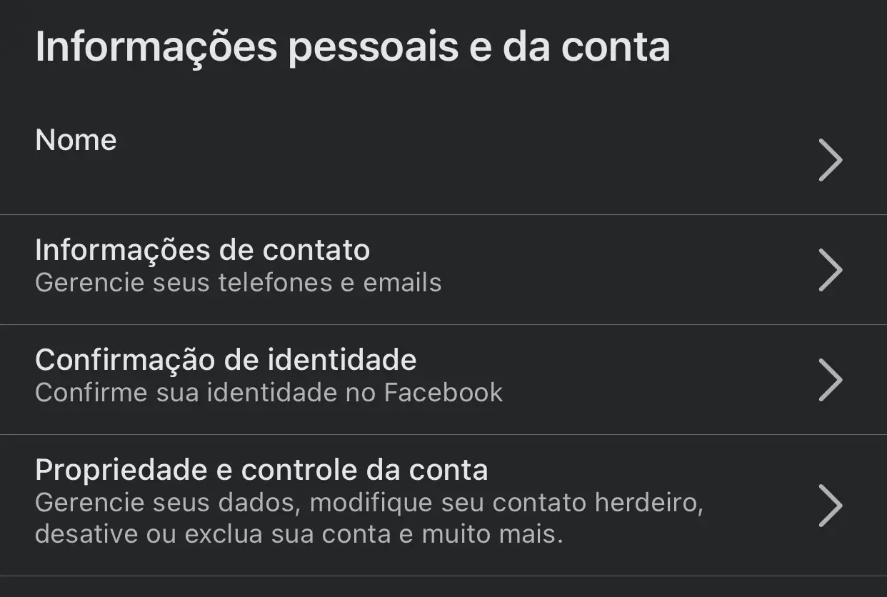Menu com informações pessoais e da conta do Facebook