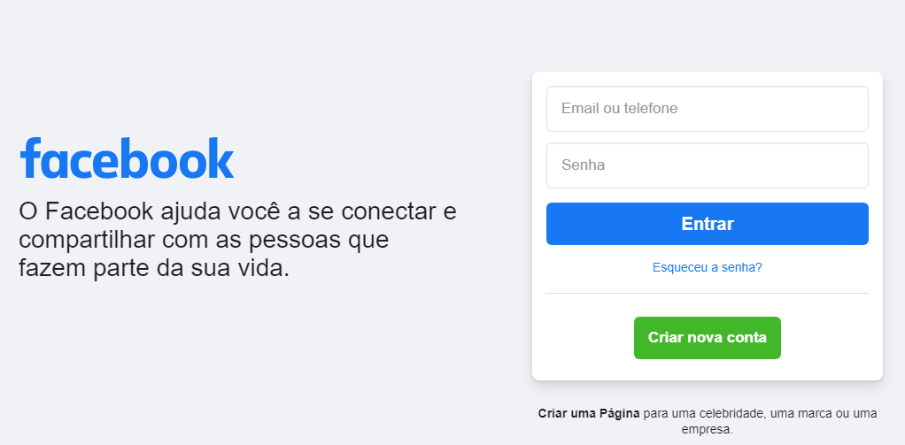 Tela login do Facebook