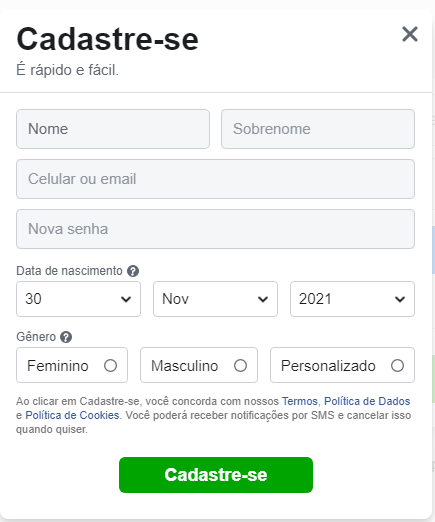 Recorte tela de cadastro do Facebook