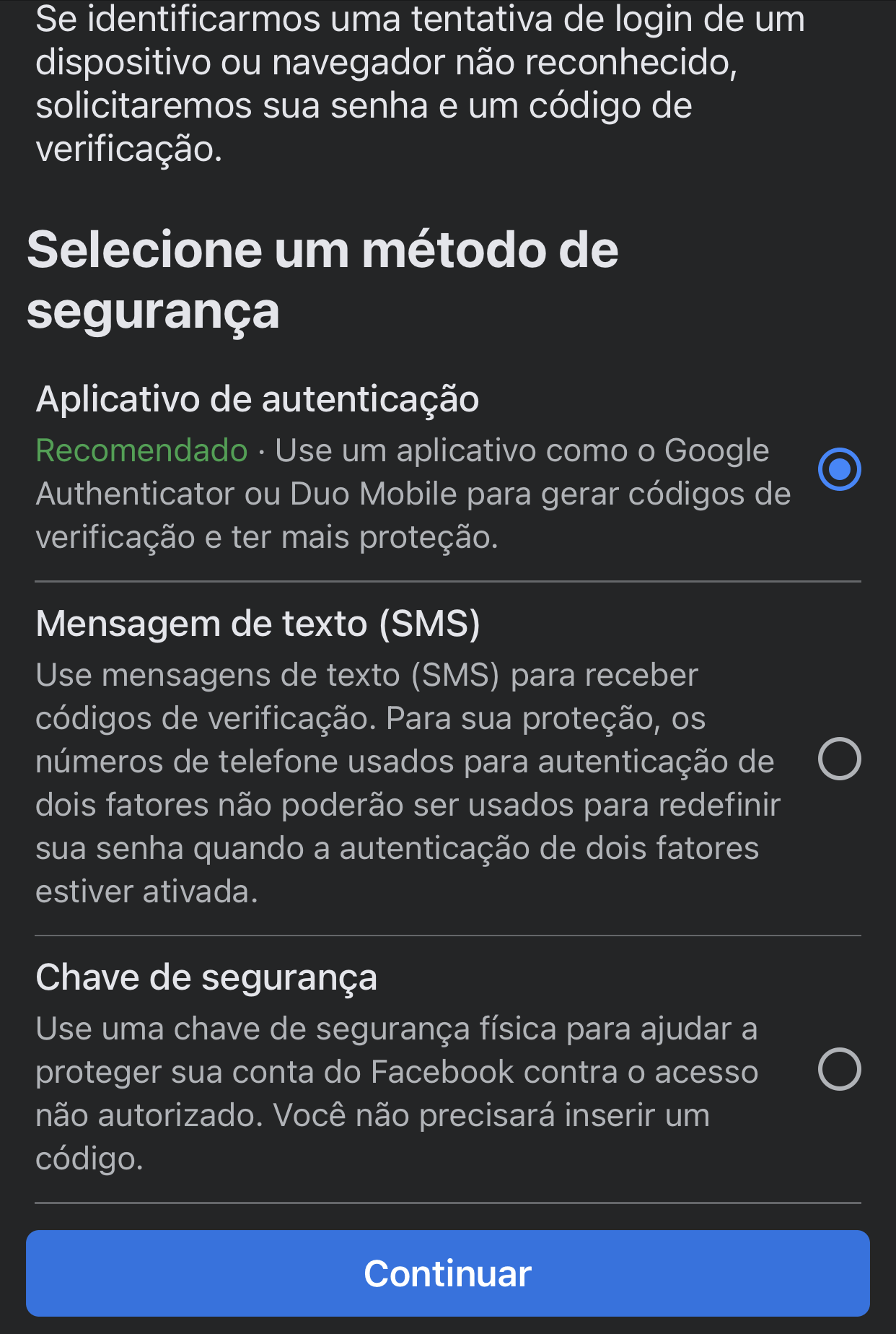 Opções de autenticação de dois fatores