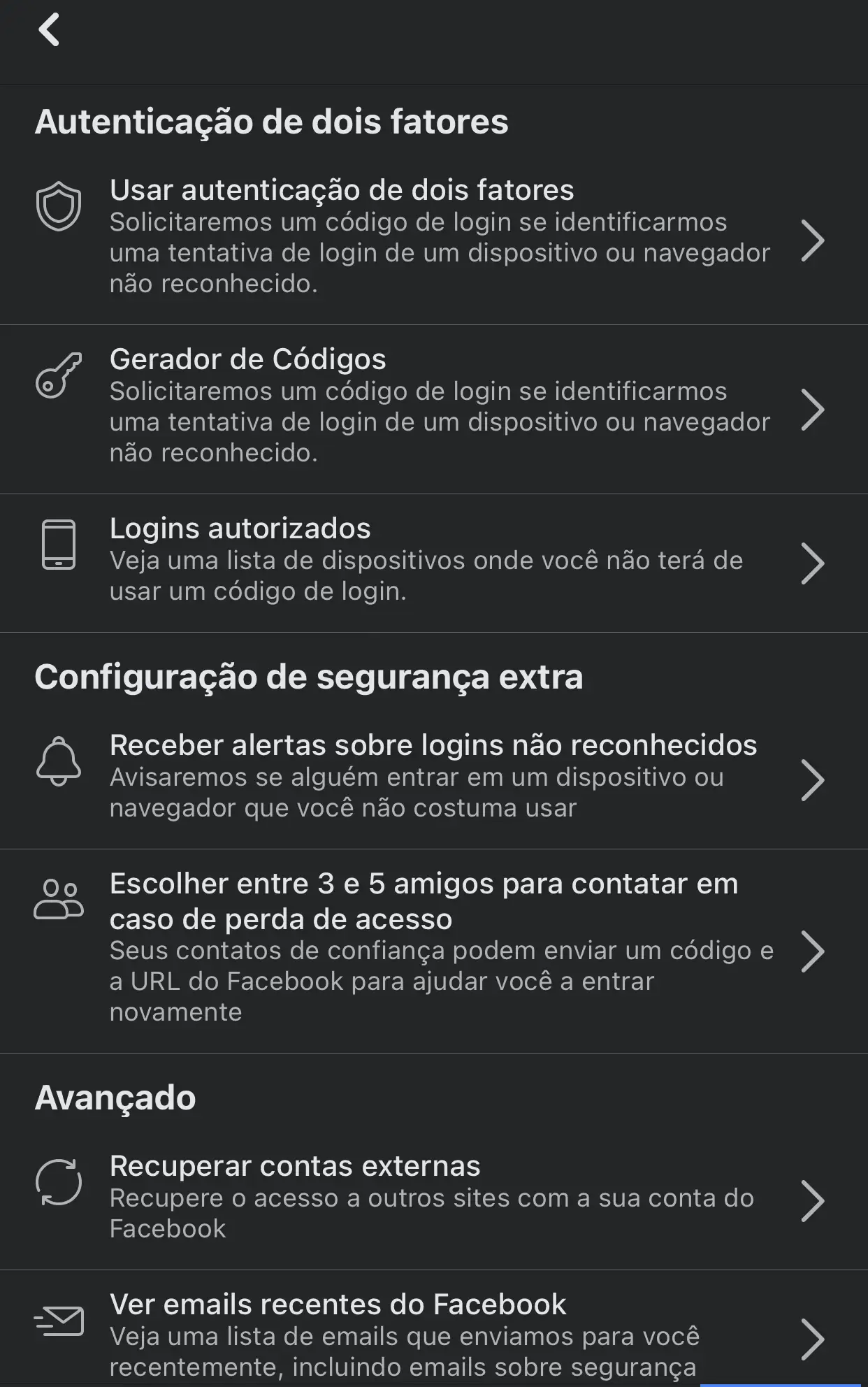 Menu com informações de privacidade do Facebook