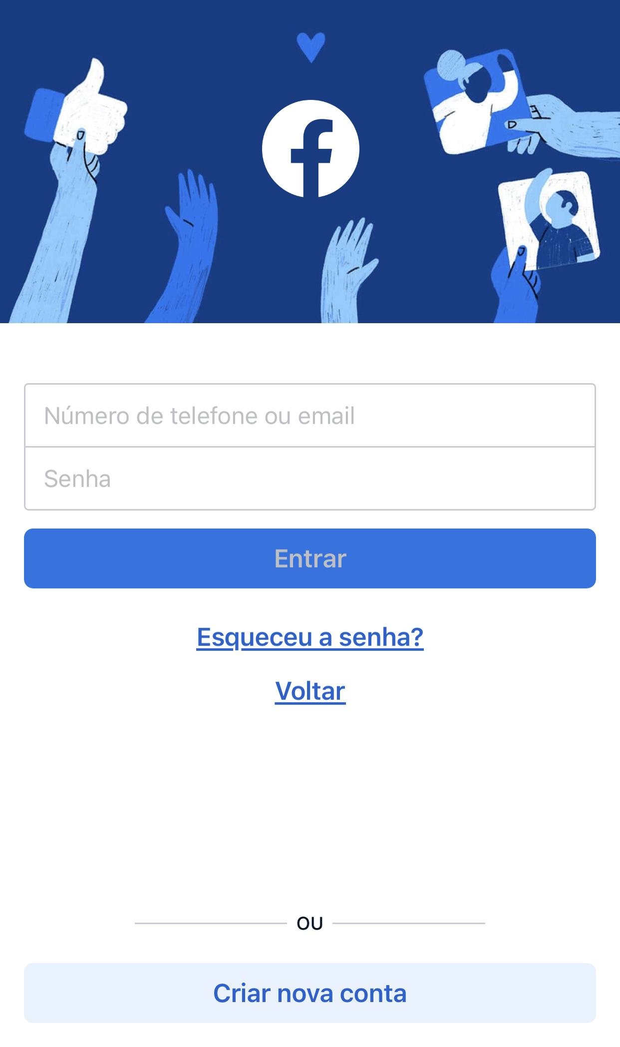 Tela login aplicativo Facebook