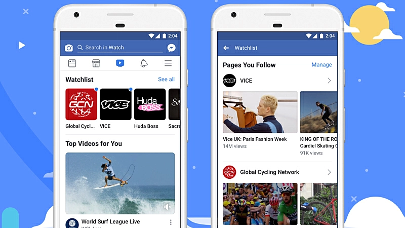 Imagem de dois celulares abertos na tela do Facebook Watch com vídeos em miniatura