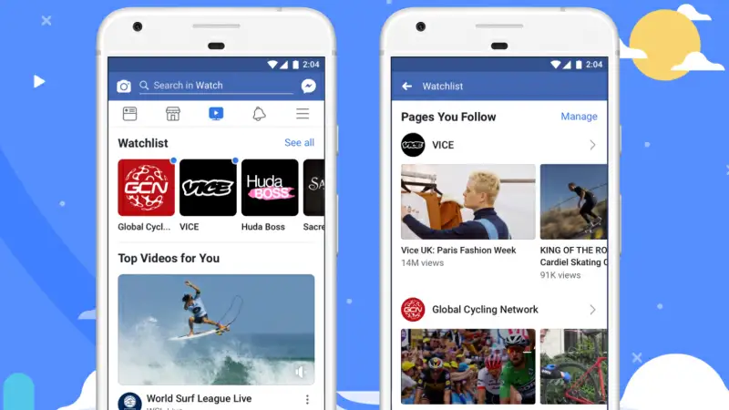 Imagem de dois celulares abertos na tela do Facebook Watch com vídeos em miniatura