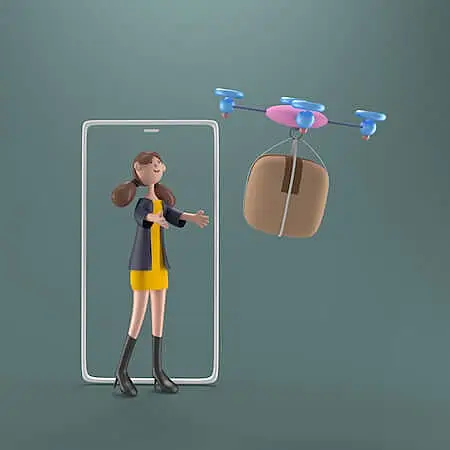 The image shows a package being delivered by a drone to a girl.