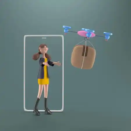 The image shows a package being delivered by a drone to a girl.