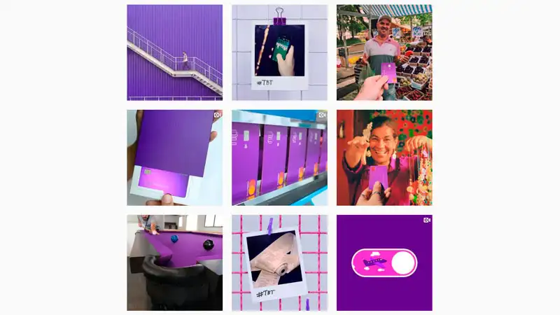 Feed do Instagram da empresa Nubank com a cor roxa em todas as imagens