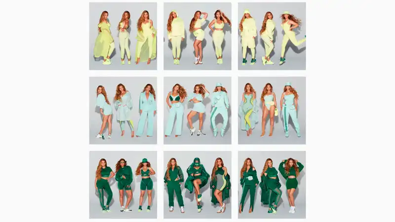Feed do Instagram da cantora Beyonce em que cada linha de 3 fotos repete o mesmo estilo