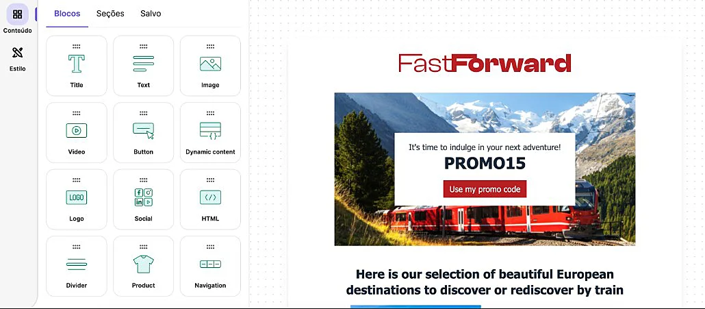 Layout do editor de email marketing do Brevo
