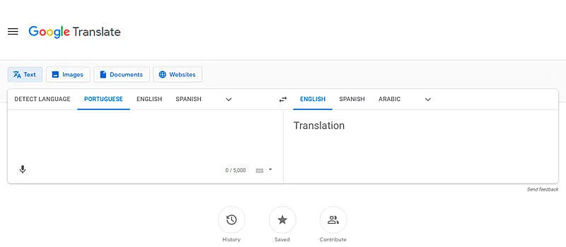 captura de tela da ferramenta de idioma google translate
