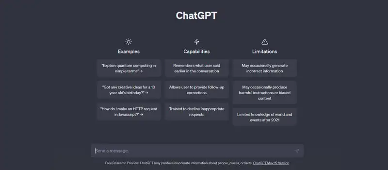 chat gpt captura de tela da página inicial da ferramenta chat gpt