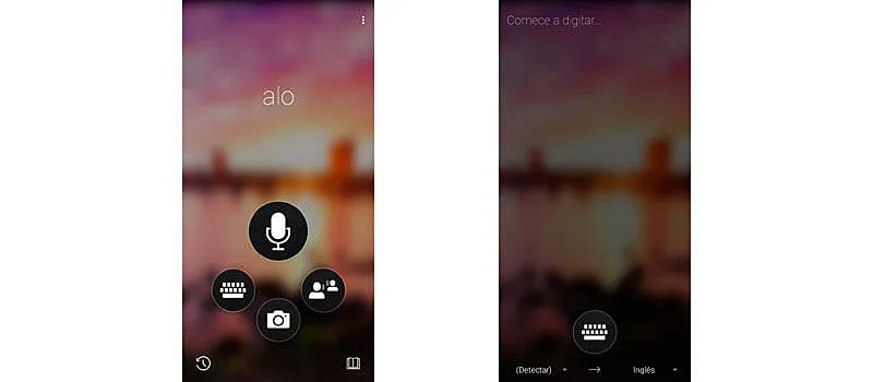 Capturas de tela mostrando a tela inicial do tradutor da microsoft, com ícons de microfone, teclado, foto e chat. 