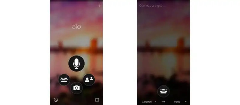 microsoft translator Capturas de tela mostrando a tela inicial do tradutor da microsoft, com ícons de microfone, teclado, foto e chat.