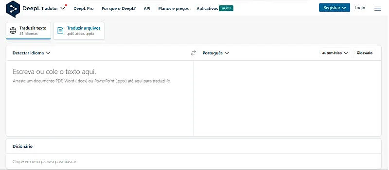 captura de tela da ferramenta de idioma deepl