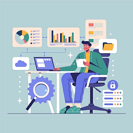 Ilustração de um profissional analisando dados em um computador, com gráficos, nuvem e ícones de segurança ao redor.