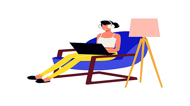 Arte de uma mulher sentada em uma poltrona usando um notebook