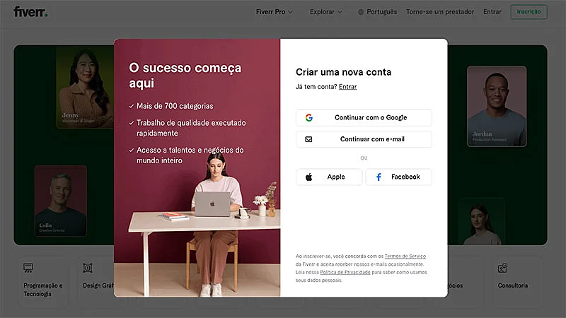Captura de tela do Fiverr