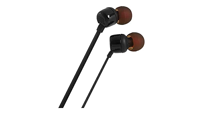 imagem de um fone de ouvido intra-auricular JBL Tune na cor preta com ponteiras de silicone na cor marrom