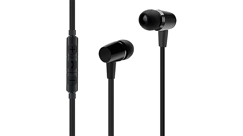 imagem de um fone de ouvido intra-auricular I2GO na cor preta com ponteiras de silicone na cor preta e um controle de mídia acoplado ao cabo