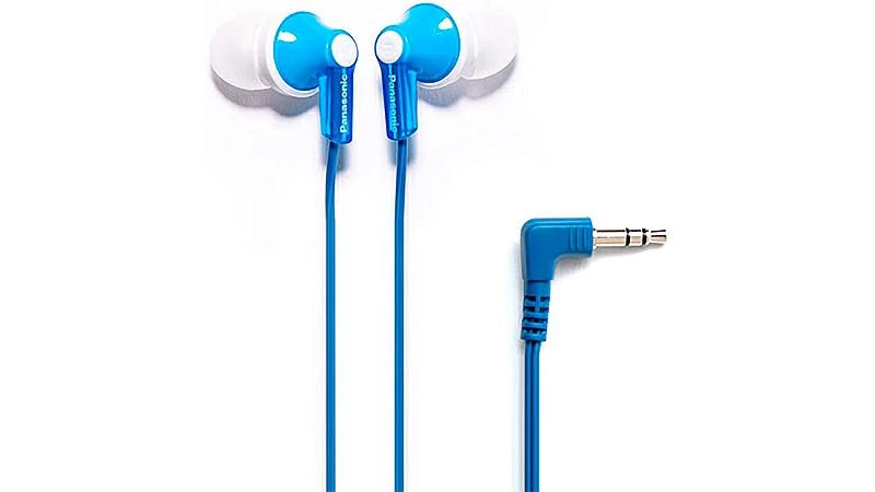 imagem de um fone de ouvido intra-auricular Panasonic na cor azul com ponteiras de silicone na cor branca