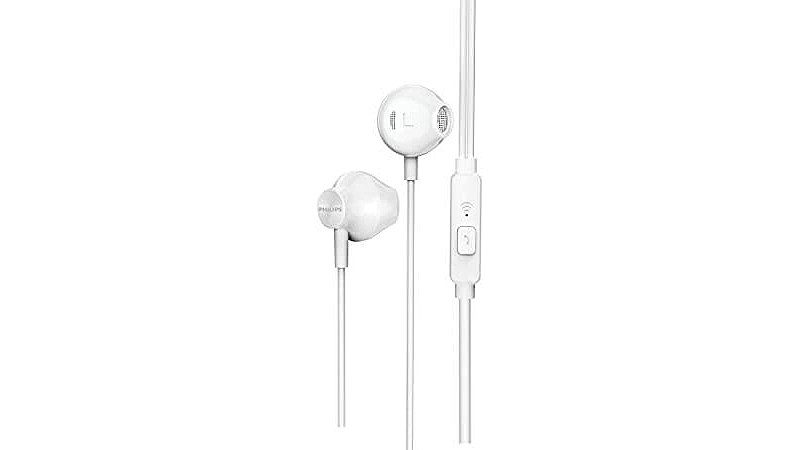 imagem de um fone de ouvido intra-auricular Philips na cor branca com ponteiras de silicone na cor branca e com controlador de chamadas acoplado ao cabo