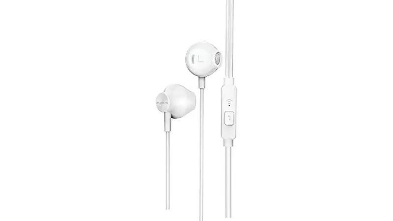 Fone de Ouvido Intra-Auricular Philips imagem de um fone de ouvido intra-auricular Philips na cor branca com ponteiras de silicone na cor branca e com controlador de chamadas acoplado ao cabo