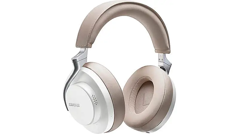 imagem de um fone de ouvido Shure AONIC50 na cor branca com detalhes em bege