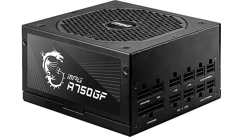 imagem de uma fonte gamer MSI MPG A750GF na cor preta com design modular