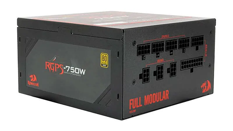 imagem de uma fonte para PC gamer Redragon RGPS750 na cor preta e vermelha