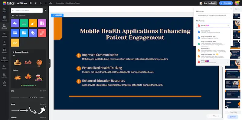 Fotor AI presentation maker interface slide personalization