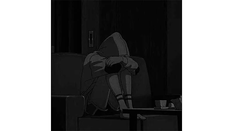 desenho que mostra uma garota triste e encolhida com a cabeça entre as pernas