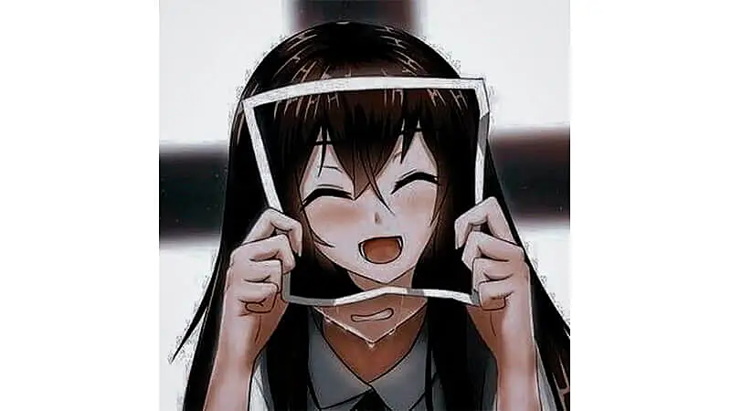 desenho que mostra uma garota chorando tentando tapar o rosto com uma foto dela feliz