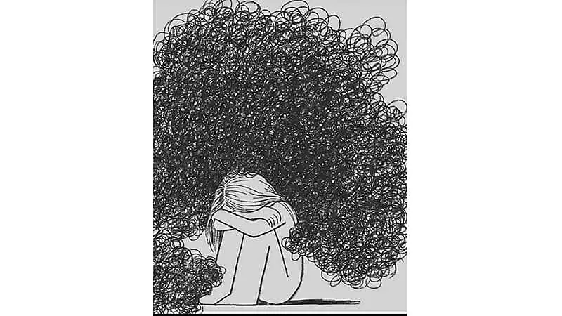 desenho que mostra uma garota triste e encolhida com a cabeça entre as pernas sendo tomada por pensamentos confusos