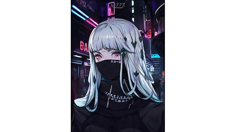 desenho de uma garota de cabelo branco com mascara em uma cidade cyberpunk