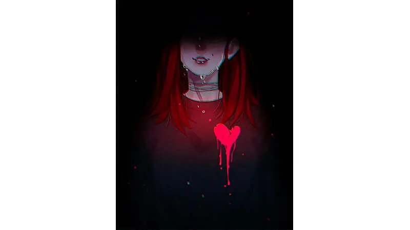 desenho de uma garota chorando com um coração pintado escorrendo tinta em sua blusa