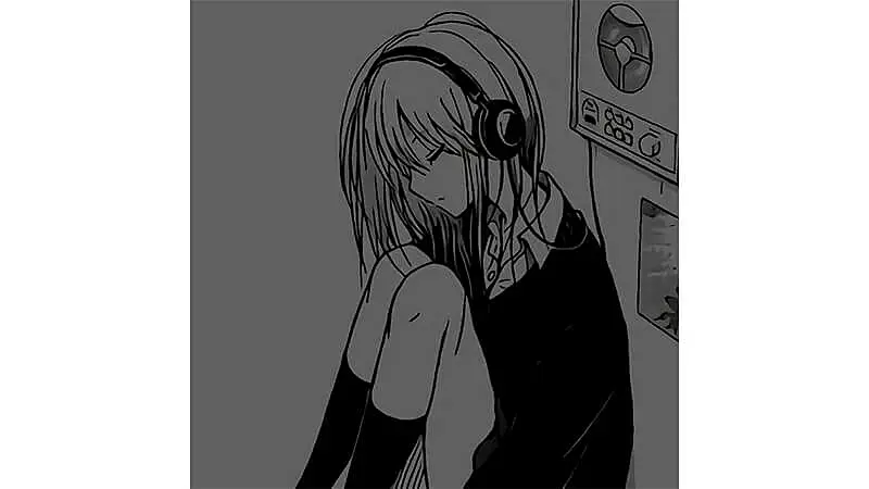 desenho de uma garota sentada no chão triste e escutando música com fones de ouvido