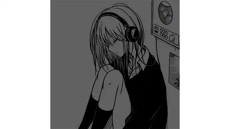 desenho de uma garota sentada no chão triste e escutando música com fones de ouvido