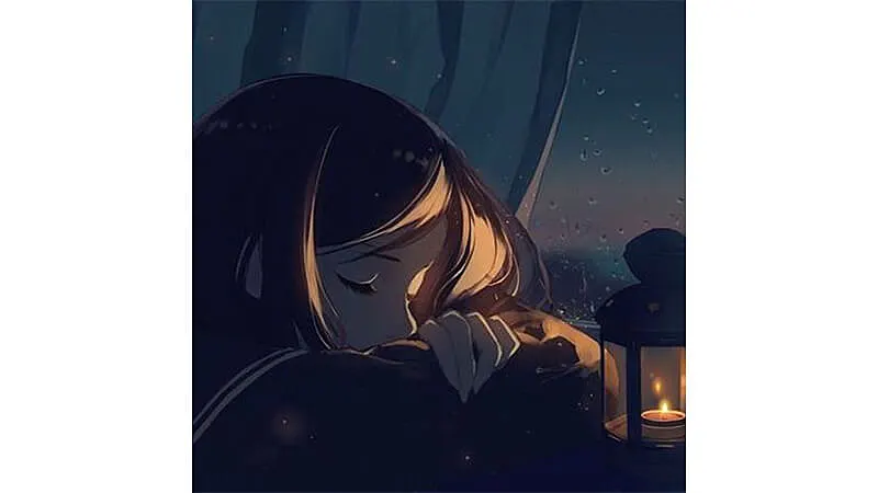 desenho de uma menina pensativa ao lado de uma janela com respingos de chuva