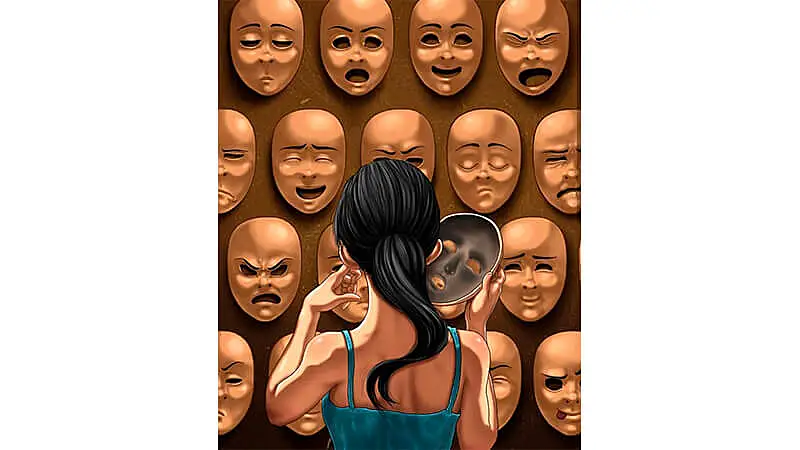 desenho de uma mulher de costas olhando para uma parede cheia de mascaras com diferentes expressões faciais