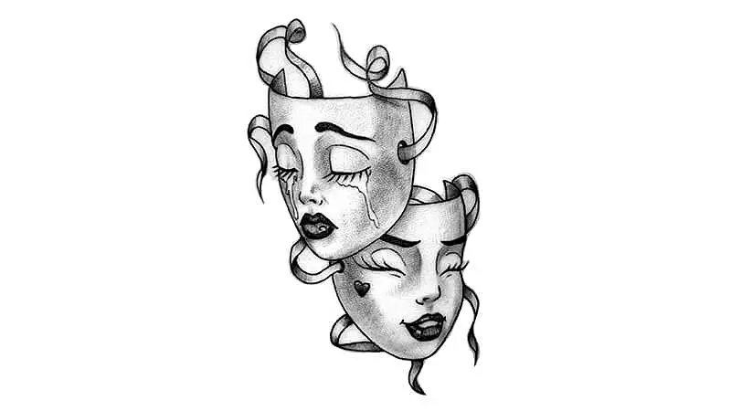 desenho para tatuagem de duas mascaras de teatro com feições femininas, uma chorando e outra sorrindo